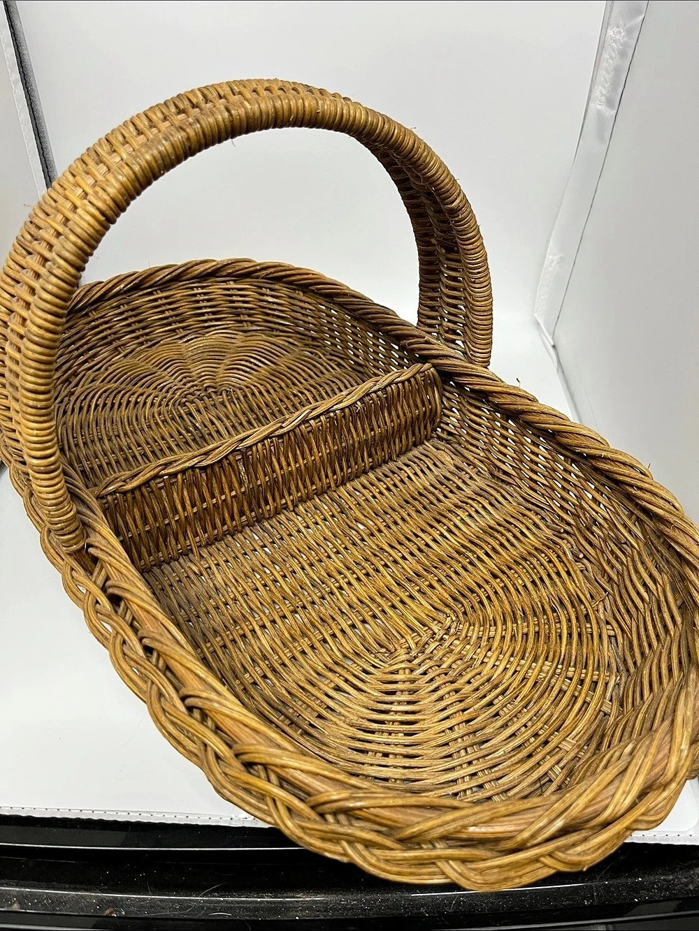 Woven Brown Basket with Handle and Middle Divider